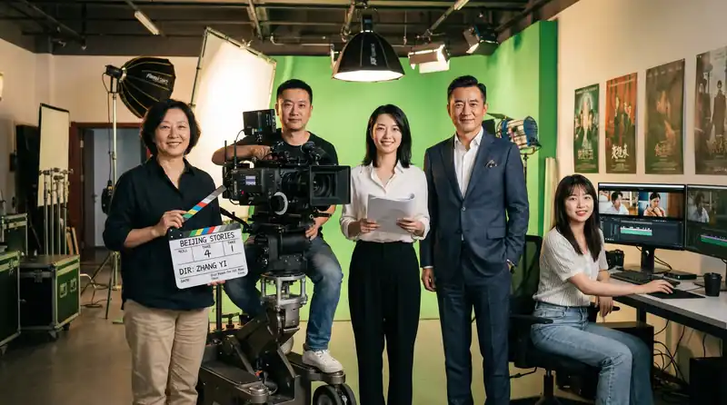 尤物视频专业影视制作团队在现代化摄影棚中合影，展示导演、摄影师、编剧、制片人和剪辑师