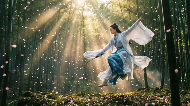 尤物视频精彩影片预告片画面，竹林中女侠飞身舞剑
